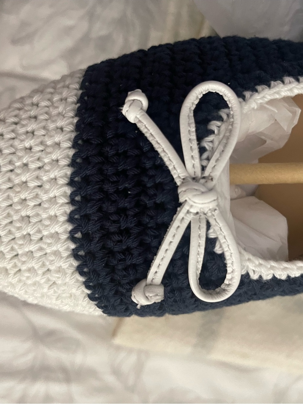 Women’s Navy and White Crochet Slip-On Moccasins